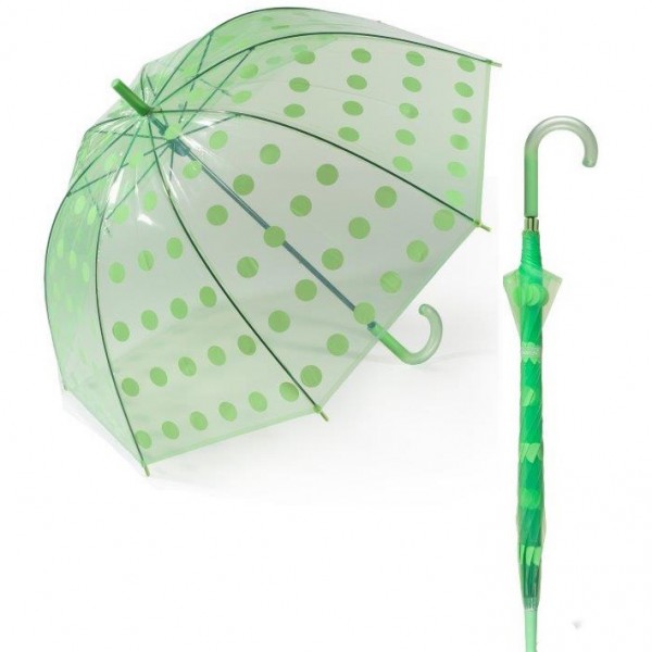 Happy Rain 40995 Αυτόματη Ομπρέλα Μπαστούνι Διαφανής Πράσινη Πουάν