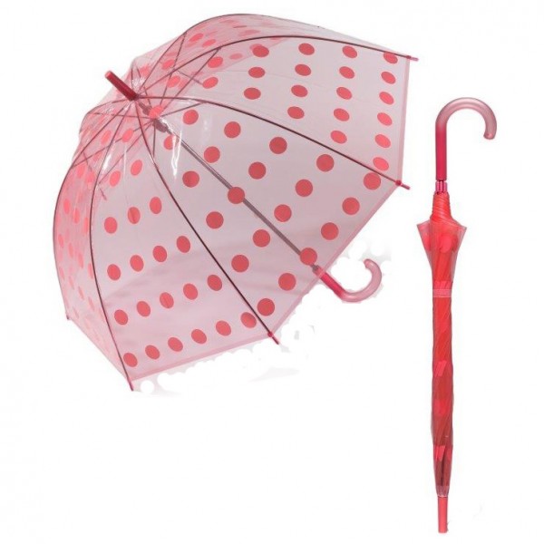 Happy Rain 40995 Αυτόματη Ομπρέλα Μπαστούνι Διαφανής Κόκκινη Πουάν